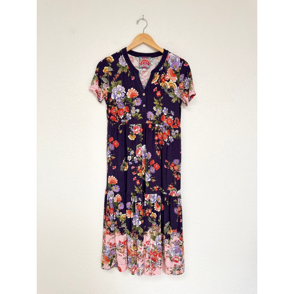Johnny Was Elsa Favorite Henley Purple Floral Knit Tiered Midi Dress PXS